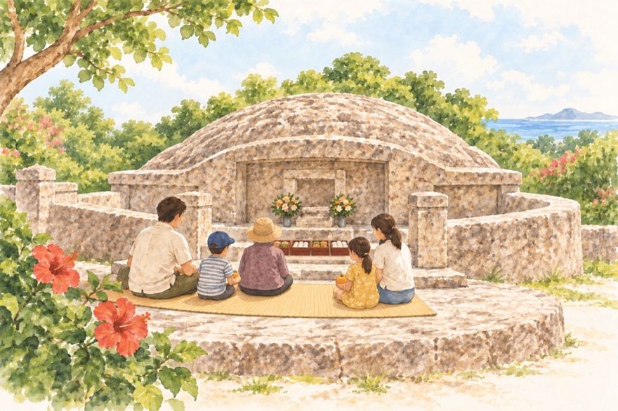 亀甲墓の前に重箱を広げた清明祭