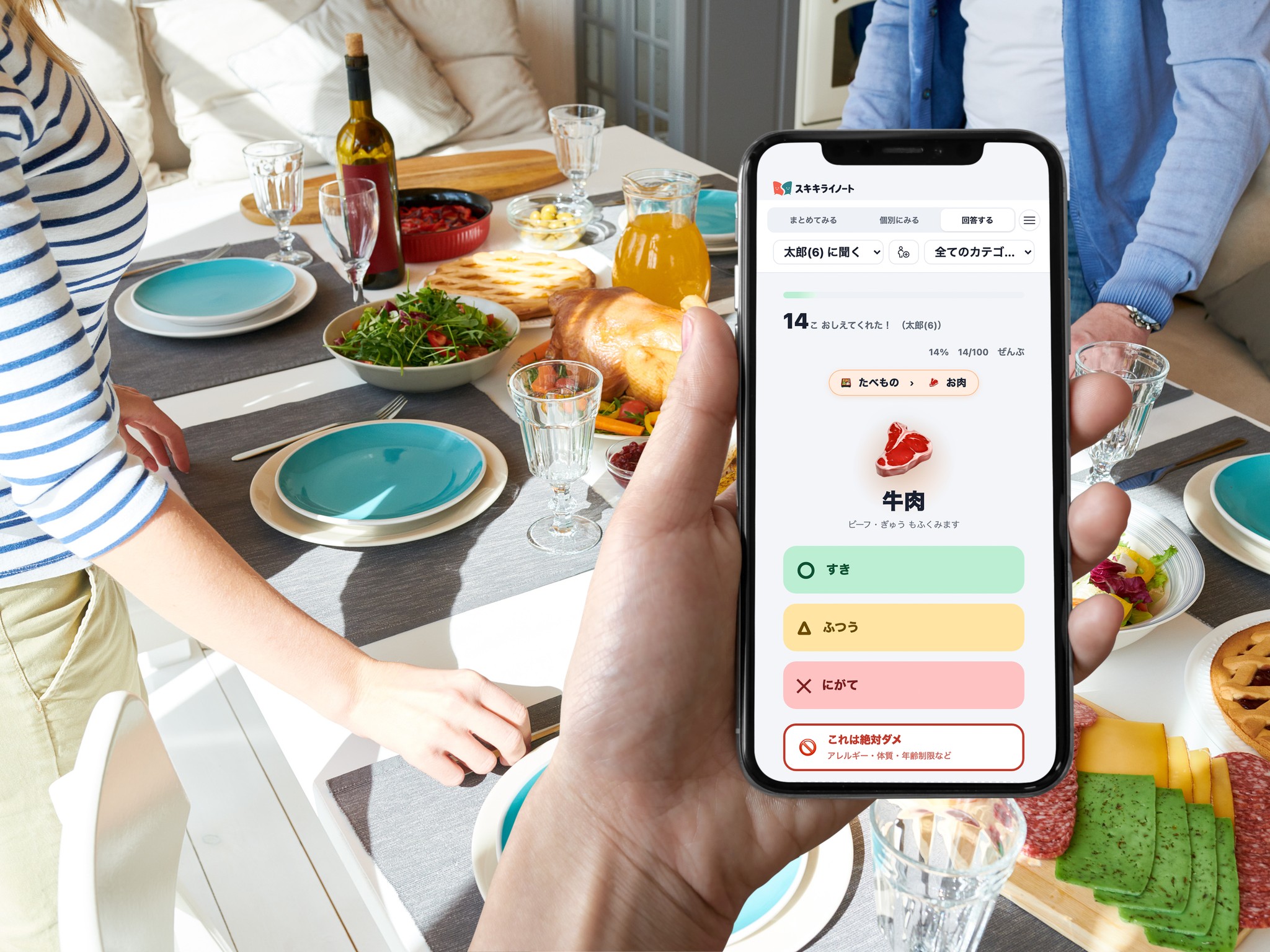 スマートフォンを手に持ち、スキキライノートの回答画面で「牛肉」に すき・ふつう・にがて・絶対ダメ のいずれかを選んでいるところ。背景は食卓。