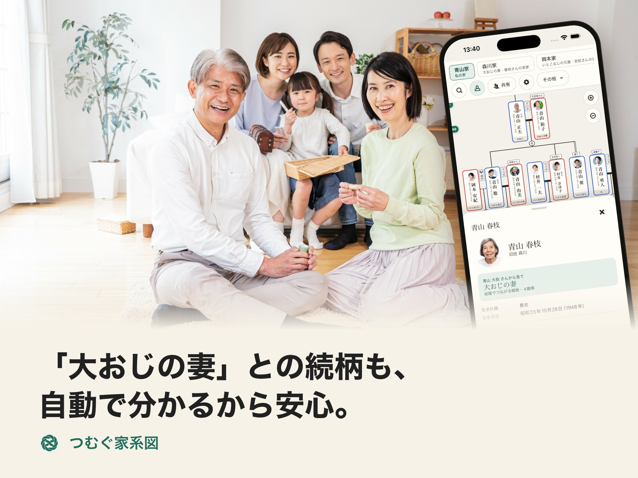 つむぐ家系図｜「大おじの妻」との続柄も、自動で分かるから安心。（続柄）